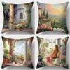 Verzauberter Mittelmeer-Garten Kissenbezug - Kissenbezug mit Blumiger Terrasse & Schaukel-Szene Druck für Sofa Schlafzimmer Wohnzimmer