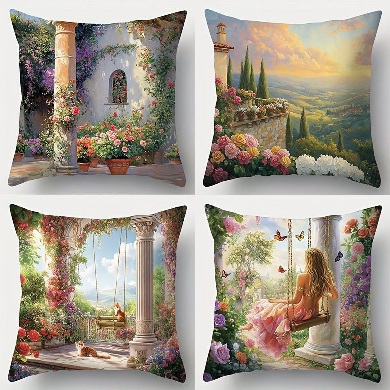 

Enchanted Mediterranean Garden Pillowcase - Floral Patio & Swing Scene Print Pillow Cover for Sofa Bedroom Living Room 4PC-45x45cm