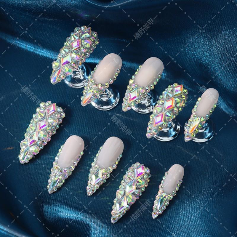 Reusable Press-On Nails With Full Rhinestone Embellishment French Tip Design Acrylic Wearable Manicure Women
