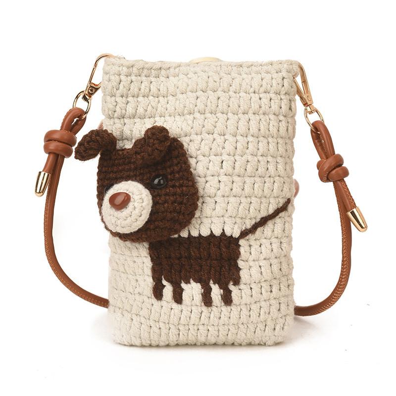 Handmade Knit Dog Pattern Shoulder Bag With Cell Phone Pocket For Casual Daily Use
