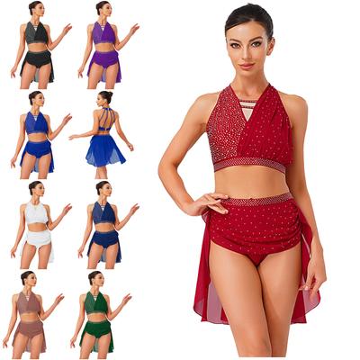 Womens Lyrical Dance Costume Sleeveless Halter Ruched Crop Top with Irregular Hem Built-in Briefs Rhinestone Outfit