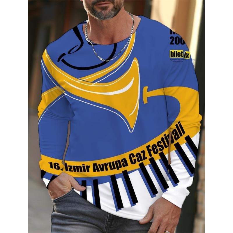 

Новая мужская футболка с длинным рукавом 2024 года с 3D-принтом джазовой музыки, барабанной установки, мужские осенние топы, повседневная футболка с круглым вырезом 2XL