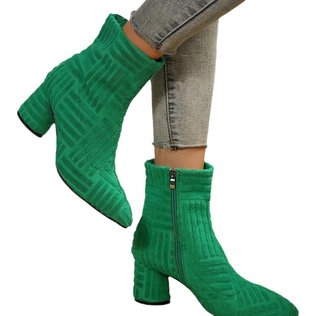 2025 New Large Size Towel Cloth Short Boots Women's Thick Heel Short Boots Foreign Trade Side Zipper High Heel Pointed Short Boots