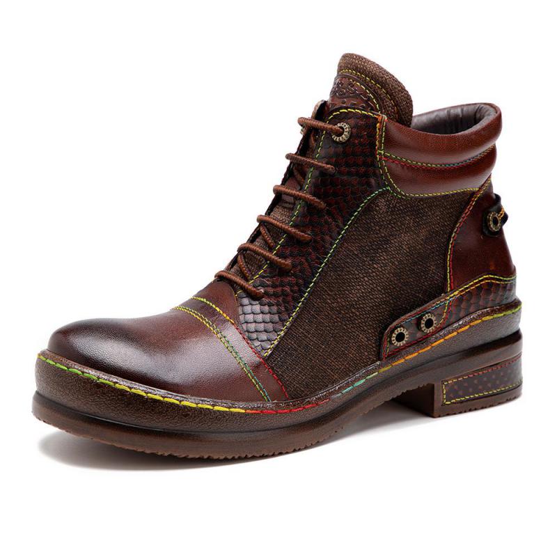 Johnature Genuine Leather Retro Shoes Women Boots Zip Round Toe Mixed Colors Sewing Handmade Concise Platform Boots