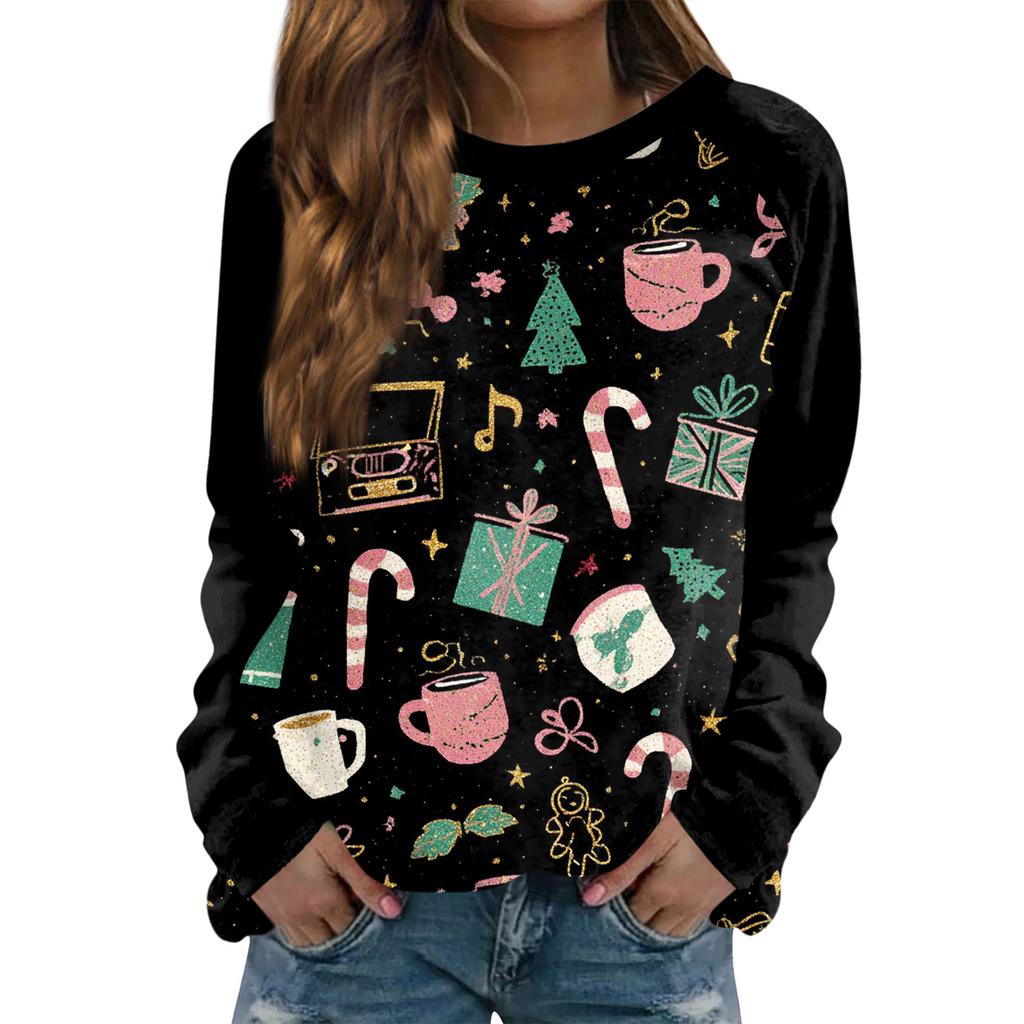 Women's Fashion Casual Long Sleeve Christmas Printed  Neck Sweatshirt Top