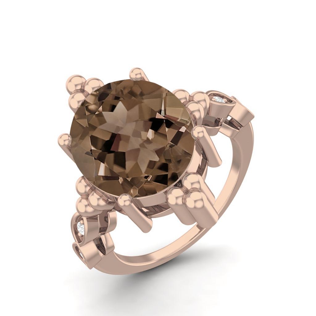 12X10mm Oval Smoky Quartz Solitaire 925 Sterling Silver Rose Vermeil Beaded Women Engagement Ring