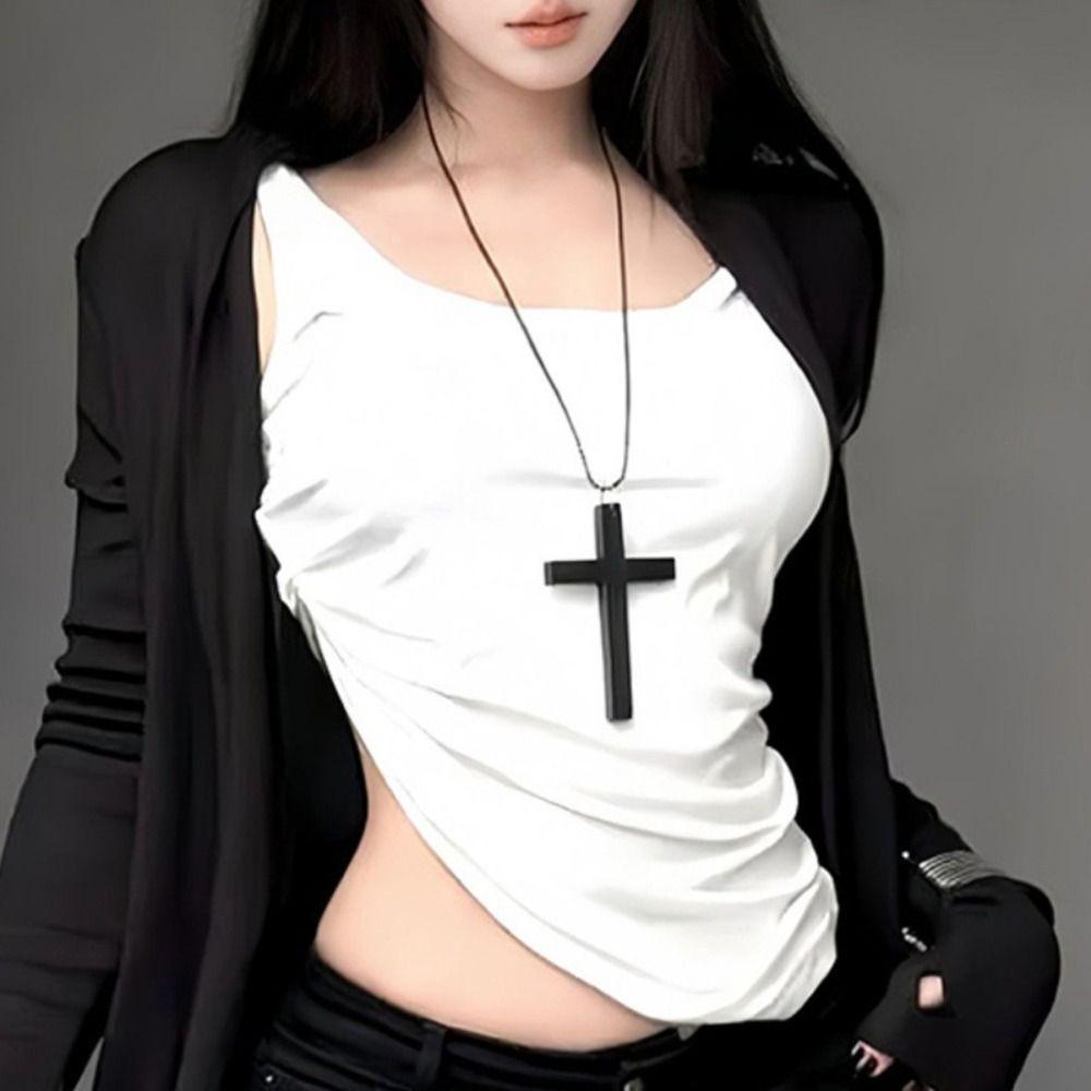 Choker Y2k Punk Gothic Necklace White Black Cross Necklace Wood Cross Pendant Women Men