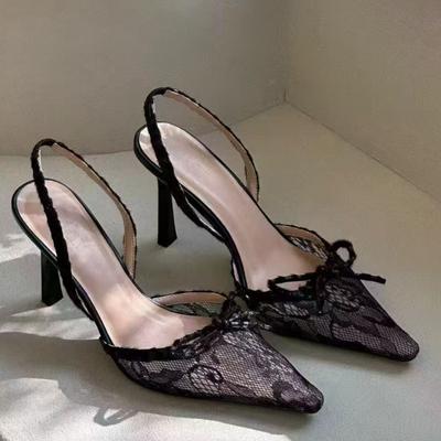 New Bao Head Stiletto Sandals Spring Pointy Lace Mesh Butterfly Knot Slip-on Wear-resistant High Heels
