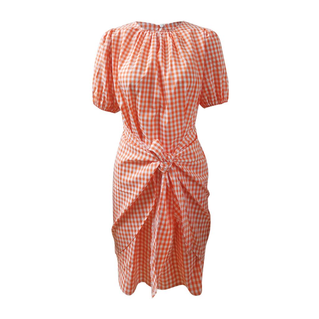 Women's Fashion Plaid Drawstring Waistband Indented Seventh Sleeve Dress