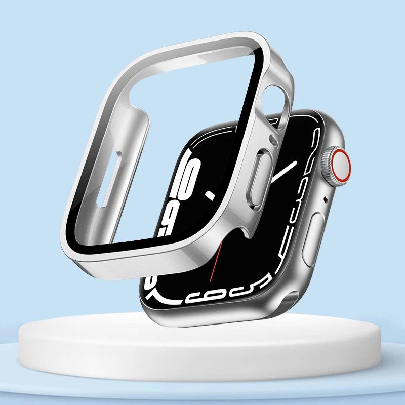 Waterproof Watch Case Glass Screen for Apple Watch Cover 40mm 44mm 41mm 45mm Frame Straight Edge Bumper IWatch Series 9 8 7 6 SE