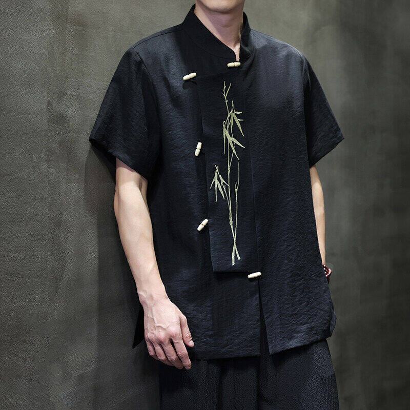 2025 Men Chinese Style Shirts Men Short Sleeve Shirt Summer Men Bamboo Leaf Shirt Men Cotton Trendy Loose Vintage Tops