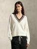 Women's Slim Fit Retro Color Block Lace V-Neck Wool Knit Top - 2026 Fall/Winter Collection.