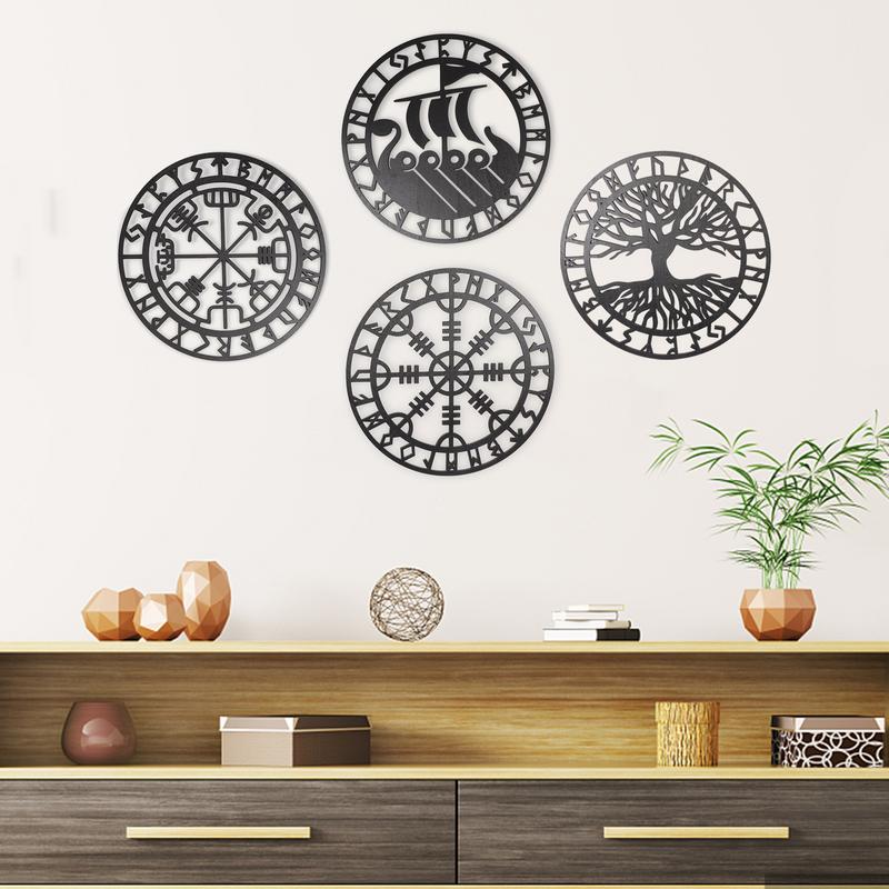 4PCS Set Round Wall Art Nordics Viking Runes Wooden Wall Decor Celtic Family Trees Viking Decor Amulet Sign Home Office Decor