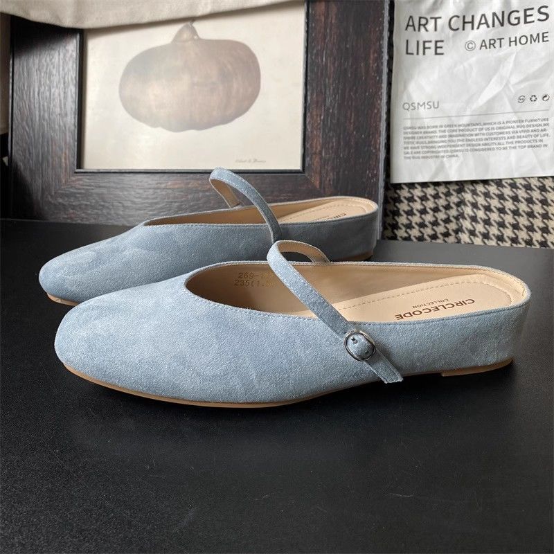 

French flat-bottomed one-pedal bag head slippers women s 2025 spring and summer new one-word buckle belt niche outer wear versatile single shoes 35 синий