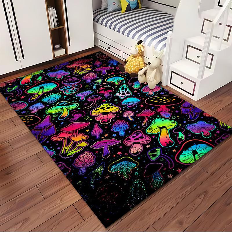 Colorful Neon Mushroom Pattern Rug - Non-slip rug suitable for living room and bedroom sofas.