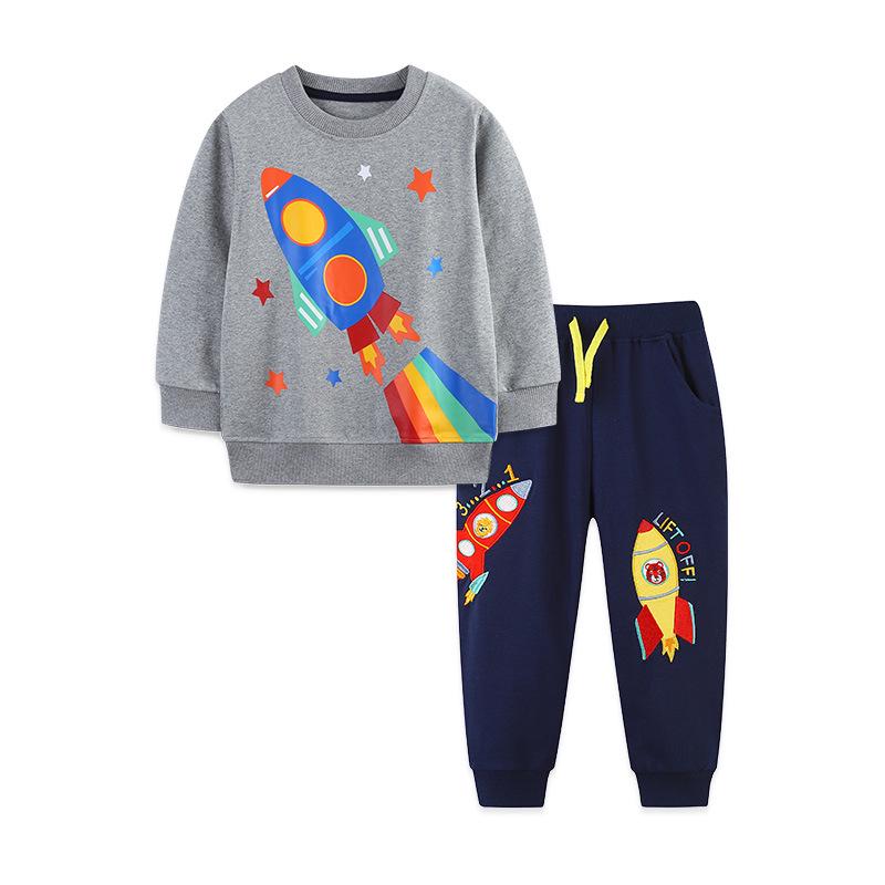 Boys' Rocket Print Long-Sleeve Pullover & Embroidered Sports Pants Set