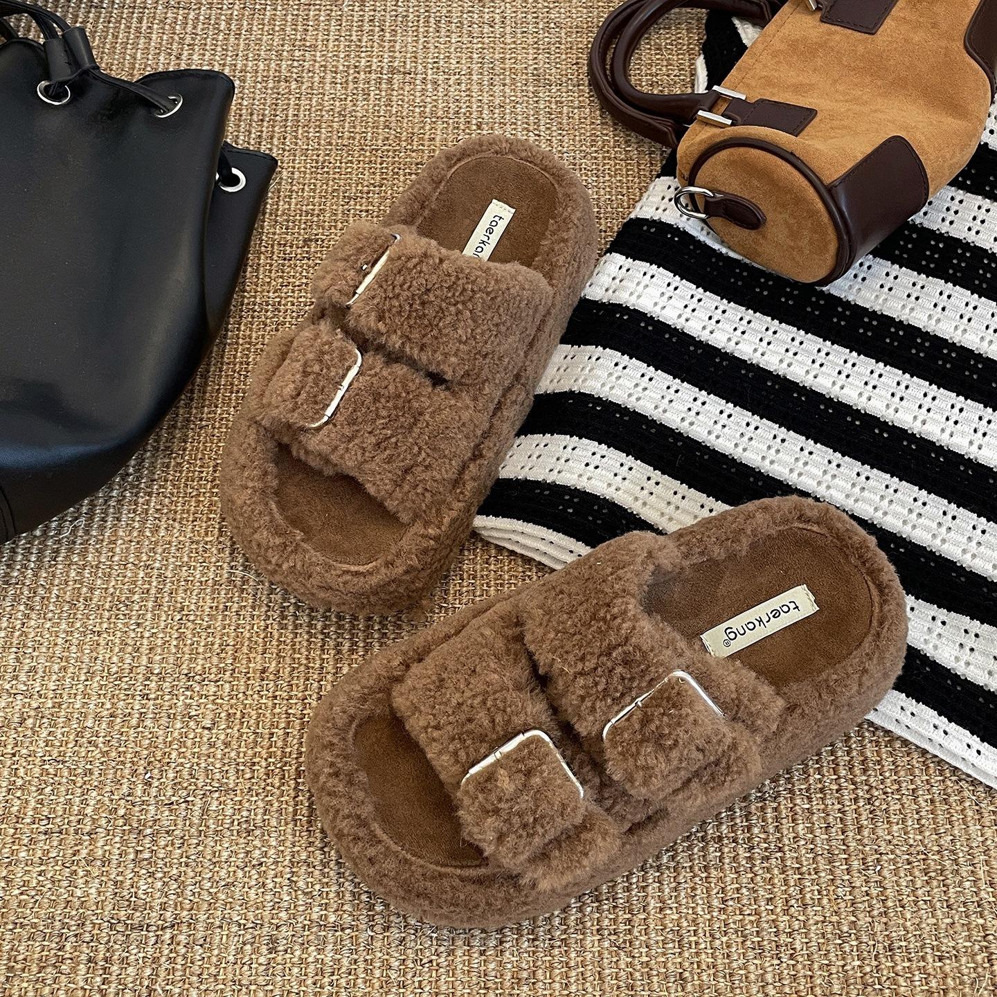 

Black retro non-slip thick-soled fluffy slippers for women s outer wear 2025 new autumn and winter versatile soft bottom one-word Birkenstock 40