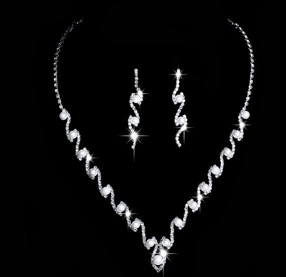 Set Earrings Necklace Wedding Silver Rhinestones Pearls Feminine Elegant B22
