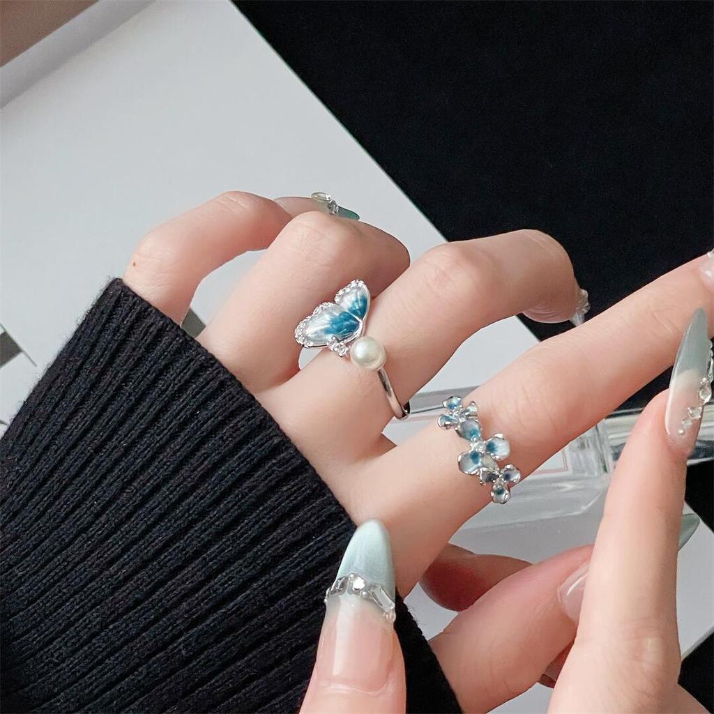Small Fresh Butterfly Exquisite Opening Ring Enamel Sea Blue Pearl Niche Design Personalized Winding Ring Woman