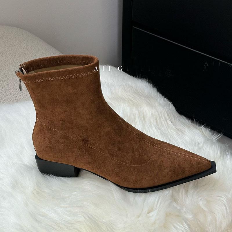 Mode Mode Flock Schuhe Damen Stiefeletten mit Reißverschlüssen Schuhe Spitzschuh Damen Kurze Stretch Stiefeletten Damen Absatzschuhe