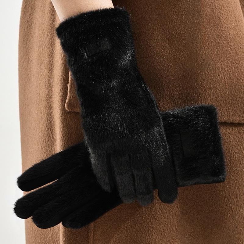 Women Winter Suede Faux Mink Fur Gloves, Cute Touch Screen Finger Gloves, Warm Thermal Gloves For Driving And Cycling