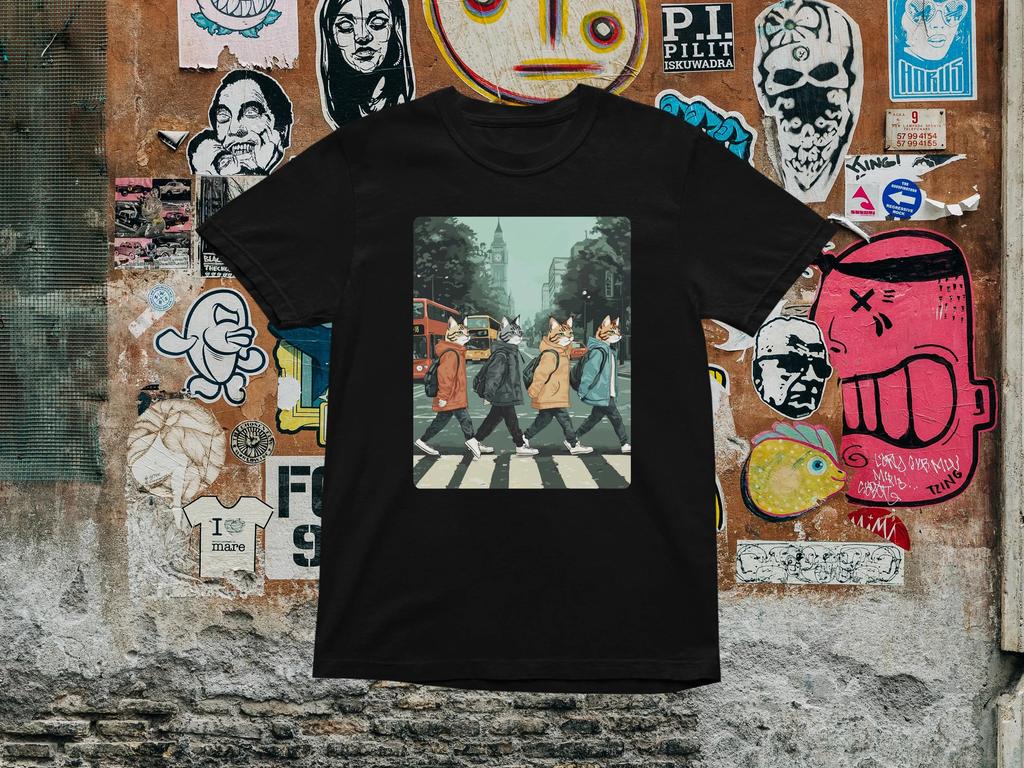 Abbey Road Cat Band Tee Funny Music Parody Tee Graphic T Shirts Retro Streetwear High-quality Crew-neck Short-sleeved Men's T