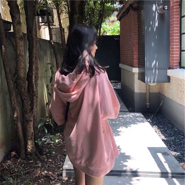 2025 Autumn Women's Korean Style Thin Long Sleeve Hoodie - Solid Color, Versatile, Mid-Length, Loose Fit.