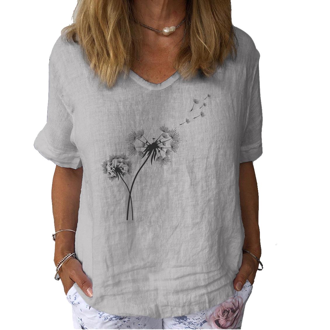 

Женская модная льняная блузка, летняя повседневная футболка с короткими рукавами, женский пуловер с цветочным принтом, свободный топ 3XL