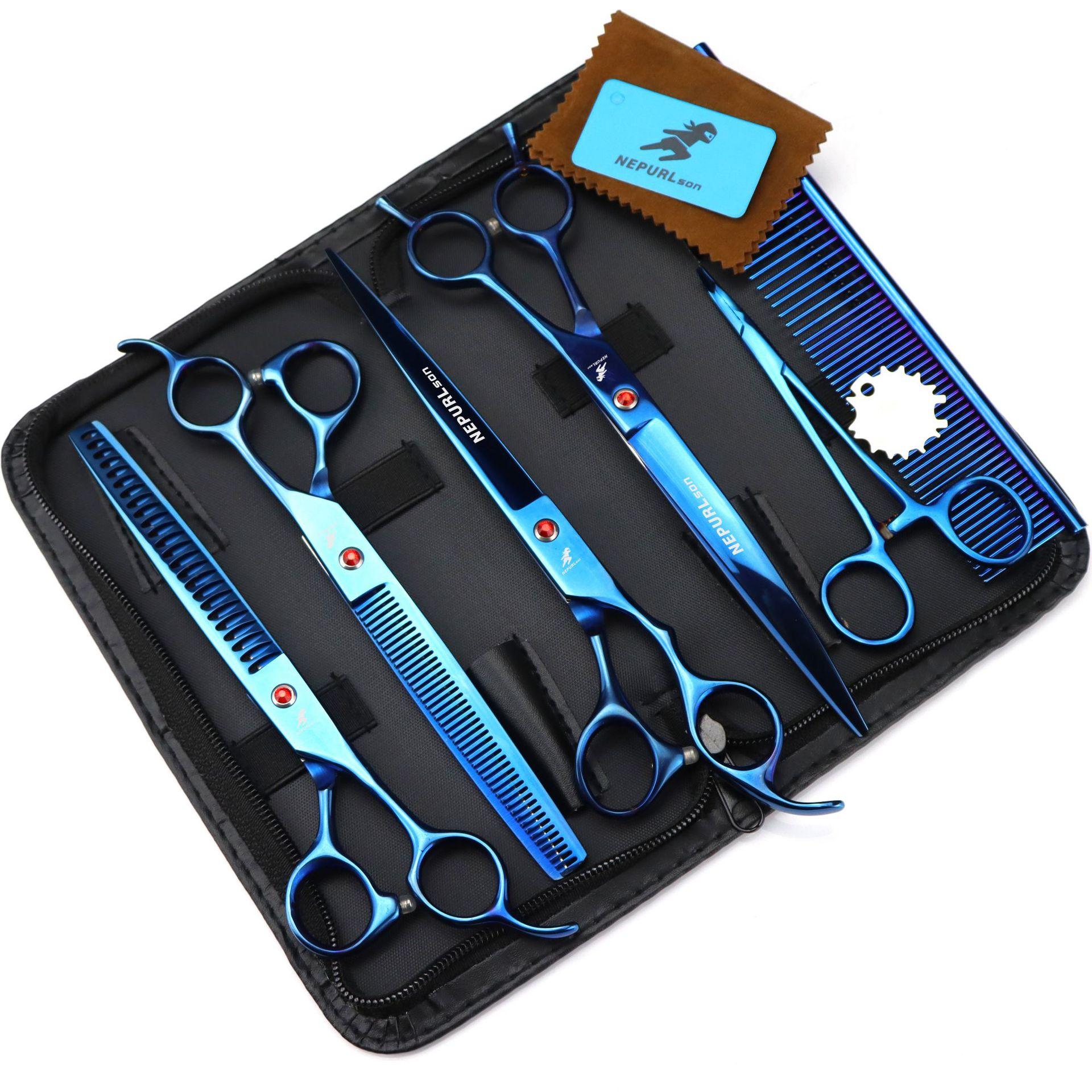 8.0 inch Nimpson, electroplated color 4-pack, pet grooming scissors straight cut curved scissors pet set 8.0inch blue double-tooth 4-piece set