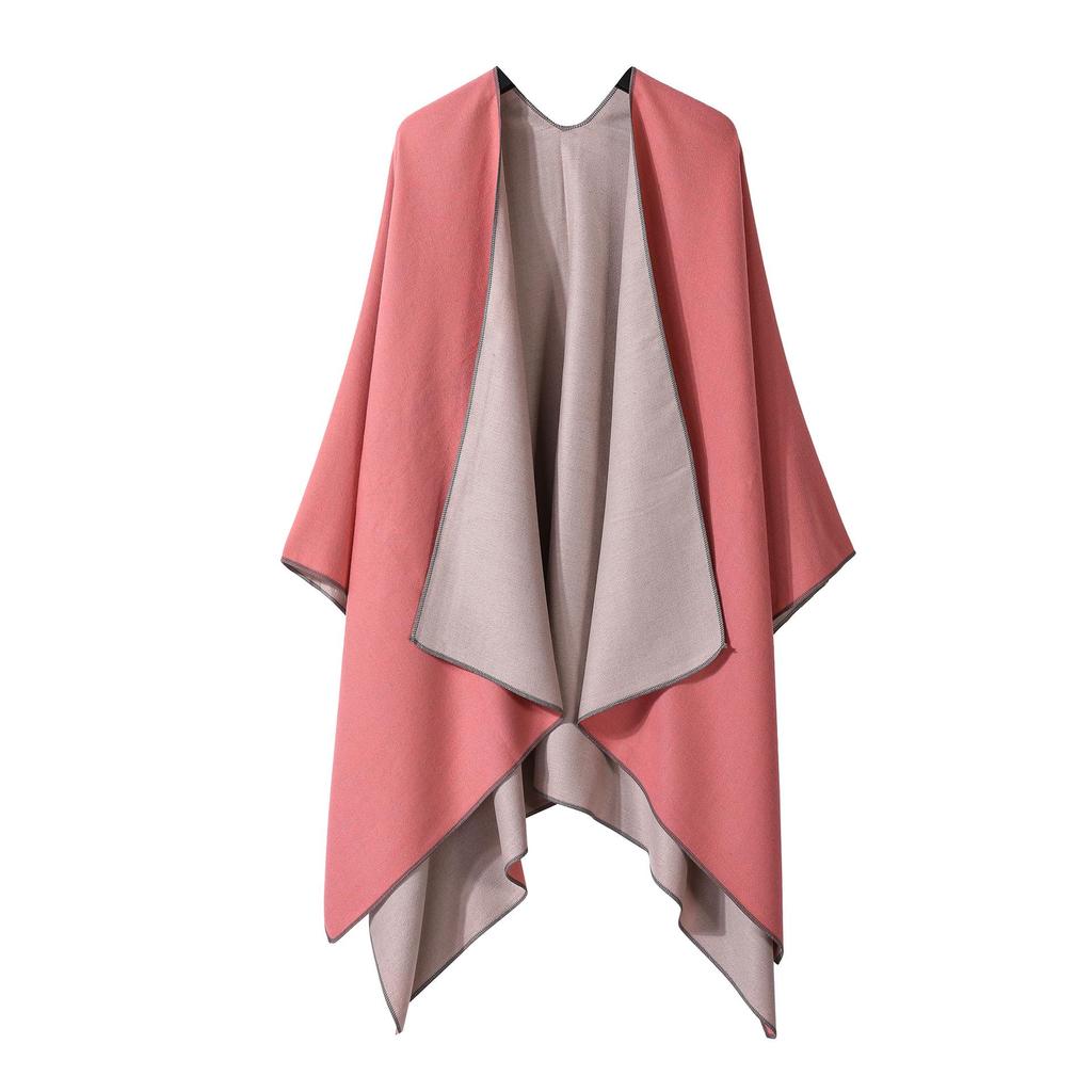 Women's European & American Double-Sided Solid Color Cape Shawl with Striped Edge