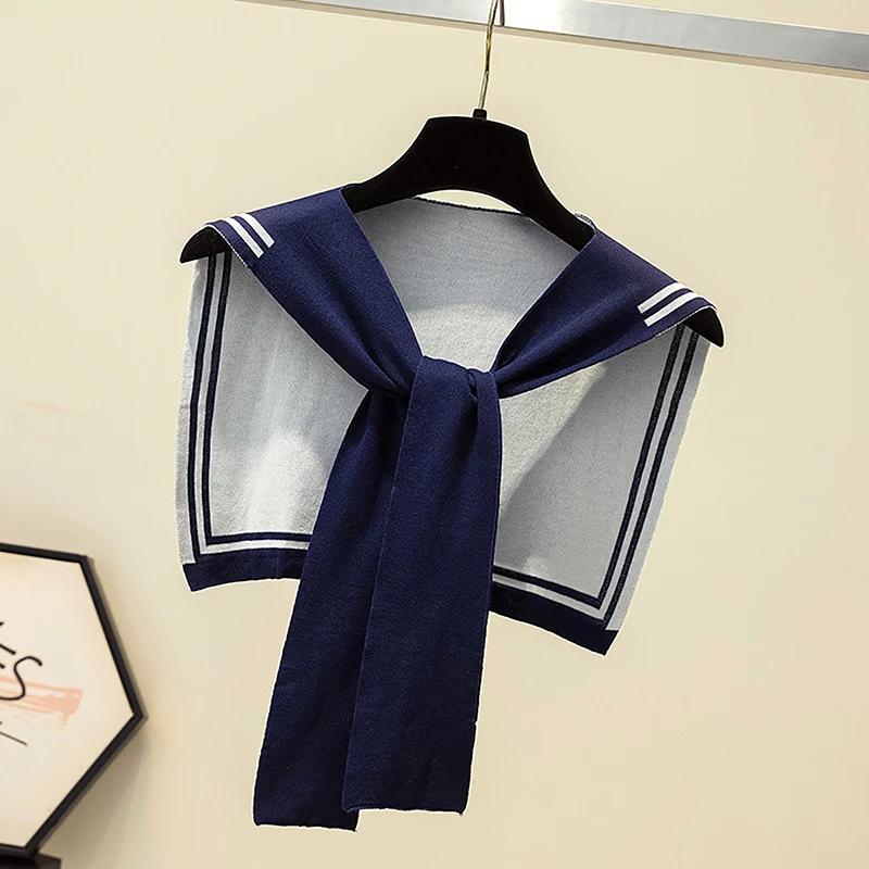Korean College Navy Stripe Wool Knit Shoulder Cape Knotted Warm Shawl Summer Air Conditioned Room Protect Neck Woman's Scarf