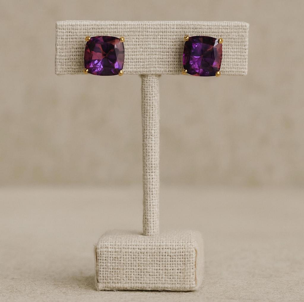 Purple Amethyst Stud Earrings, Handcrafted Cushion Cut Gemstone, Minimalist Jewelry for Women