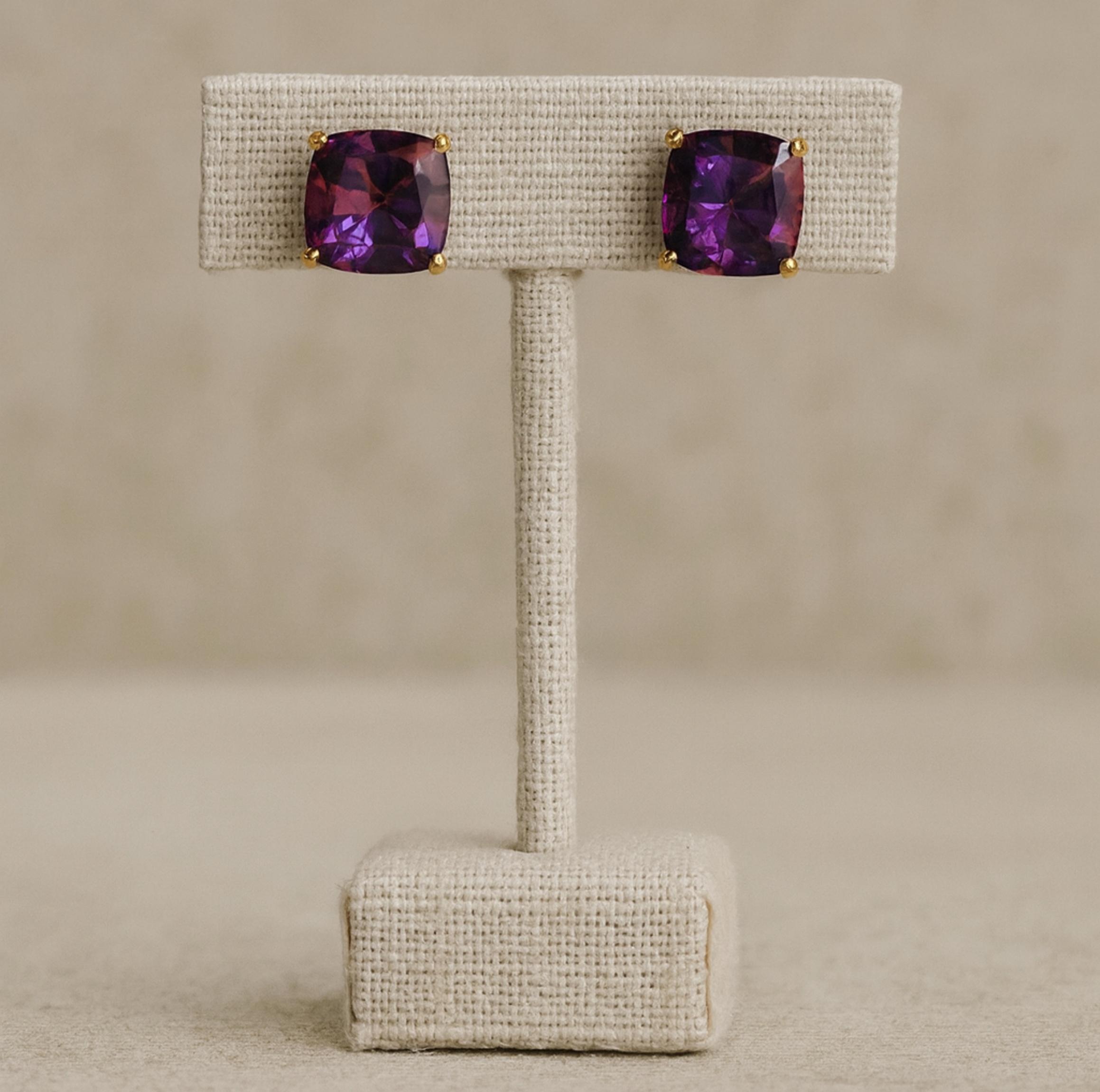 

Серьги-пусеты с фиолетовым аметистом, Драгоценный камень ручной огранки «подушка», Минималистичные украшения для женщин серебряный