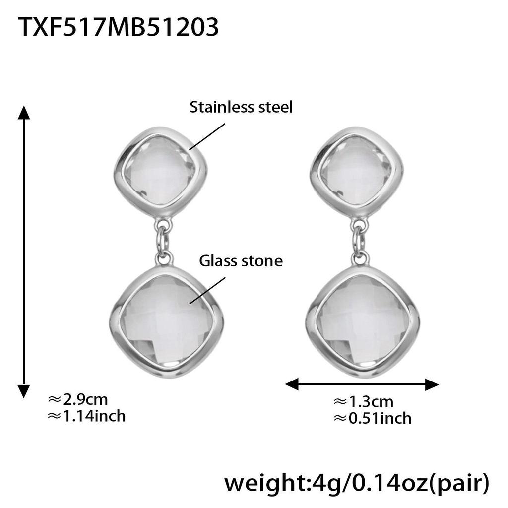 Geometric Glass Stone Earrings & Stainless Steel Bead Necklace Bracelet Set - Multi-color Patchwork Jewelry