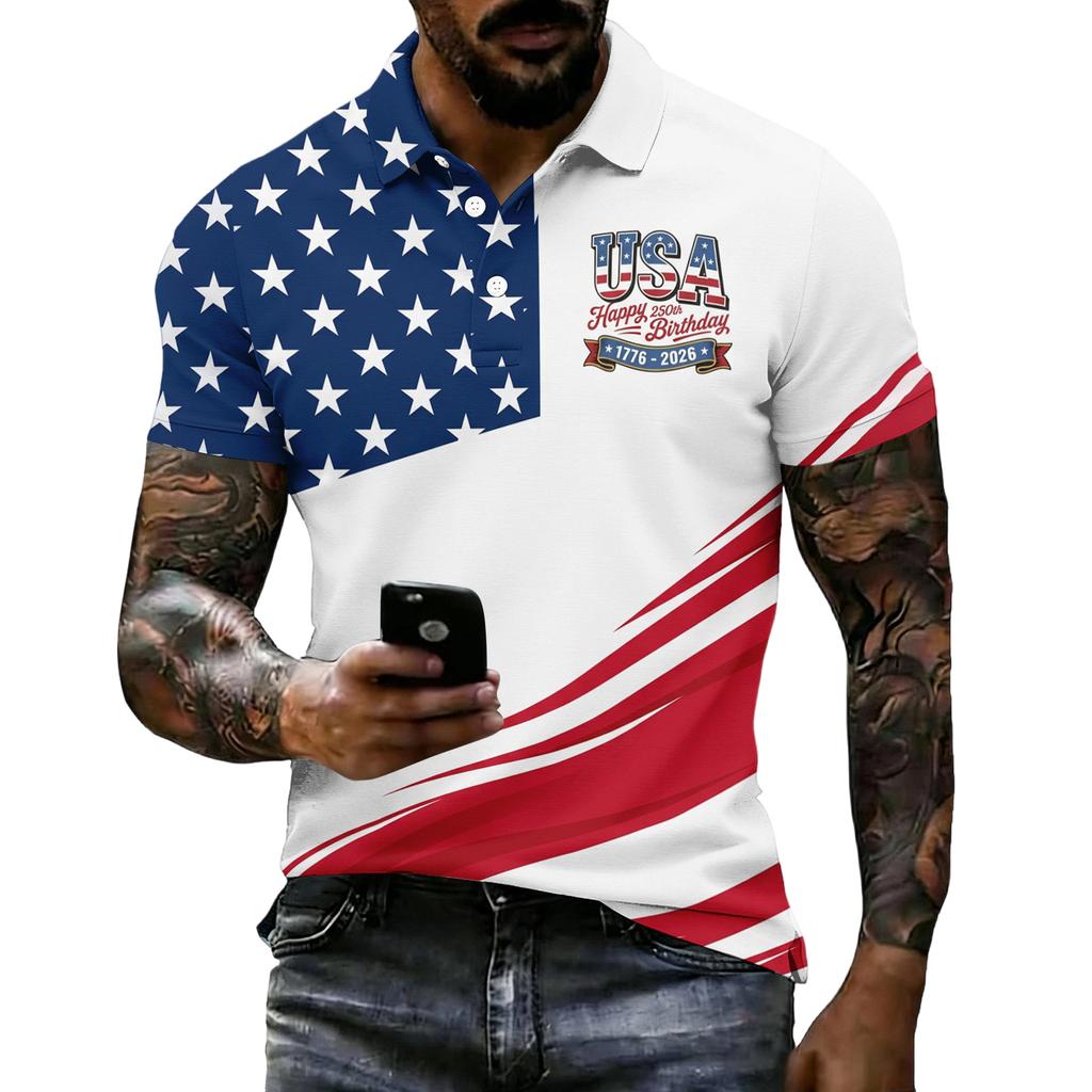 Men's Short Sleeve Polo Shirt 250th Anniversary Commemorative USA Flag Print Patriotic Sports Shirt 1776 to 2026 Celebration Apparel