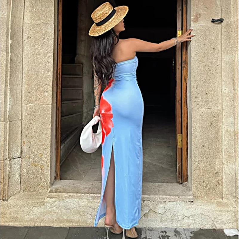 European & American Style Sexy Slim Fit Strapless Printed Long Dress with Side Slit for Women