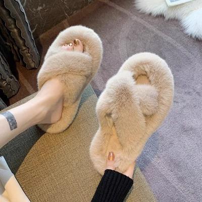 Mode 2024 Winter Damen Zuhause Indoor Freizeit Hausschuhe Weibliche Flip-Flops Flauschige Schuhe Kreuzdesign Pantoletten Damen Weiche Warme Plüsch Hausschuhe