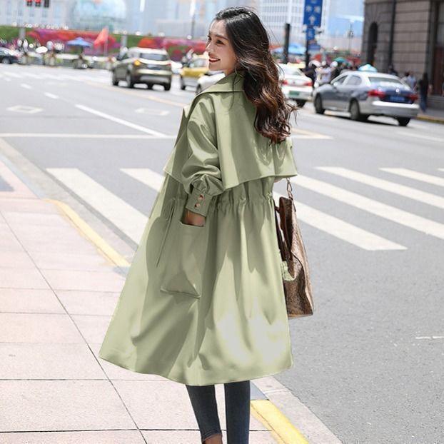 Kurtka wiosenno-jesienna damska ze ściąganym w talii dla wysmuklenia, damska, średniej długości, wiatrówka