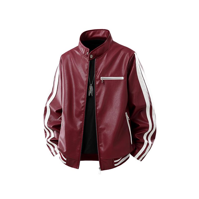 Herren Trendy Lederjacke mit Stehkragen - Lockere Passform, Lässig, Modisch, Bequemes Gewebe mit Schlichtem Linienmuster.