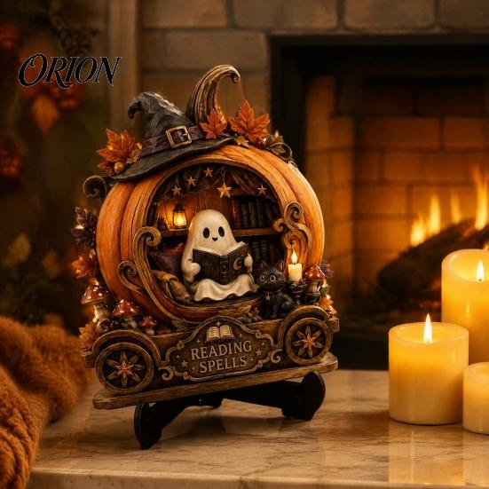 Niche Gothic Room Accessories Halloween Reading Ghost Figurine, Retro Wooden Statue, Vintage Desktop Bookshelf Decor Ornament with Stacked Book