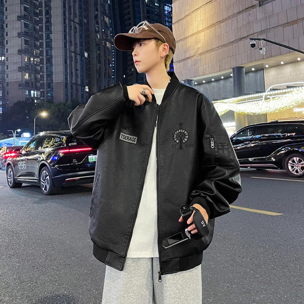 Autumn and winter new fashion trend embroidered leather jacket and fleece jacket