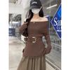 Kumikumi Design Sense Solid Temperament off-Shoulder Long sleeve Knit Women Autumn Waist Hugging Slimming Versatile Top