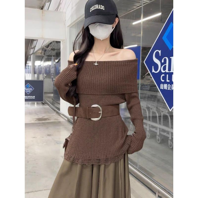 Kumikumi Design Sense Solid Temperament off-Shoulder Long sleeve Knit Women Autumn Waist Hugging Slimming Versatile Top