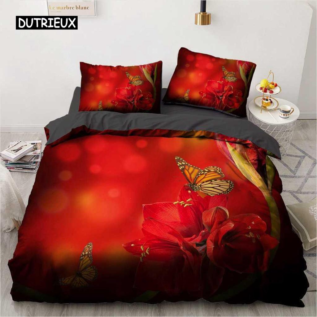 Flower Duvet Cover Set Microfiber Red Rose Bedding Set King Size Floral Print for Valentine's Day Mother's Day Soft Quilt Cover