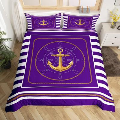 Anchor Compass Duvet Cover Nautical Comforter Cover Full King Geometric Stripes Bedding Set Coastal Adventure Theme Quilt Cover