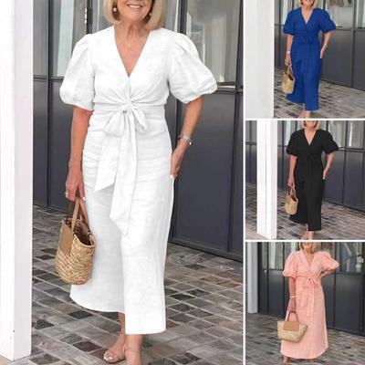 Sommer Maxikleid V-Ausschnitt Schnürung Taille Blase Ärmel Einfarbig Lose