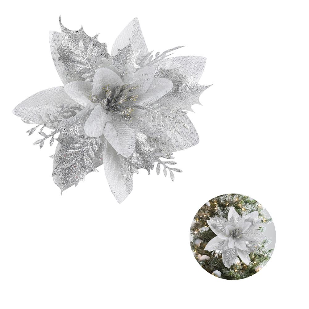 10/20Pcs Artificial Poinsettia Flowers 15cm Glitter Powder Flower Heads for Christmas New Year Party Supplies