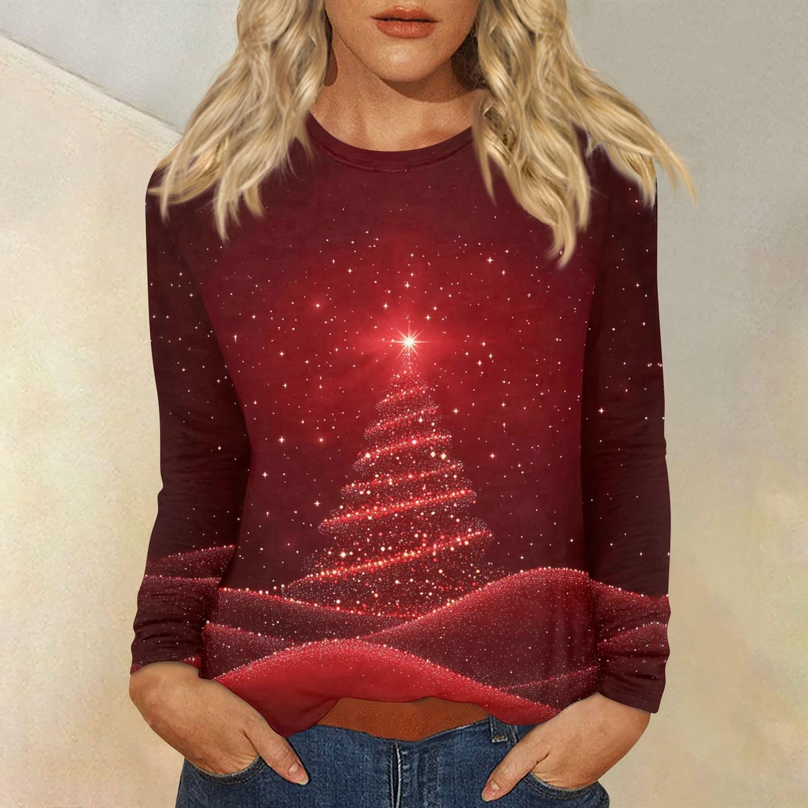 

Женский повседневный повседневный топ с длинными рукавами и рождественским принтом с круглым вырезом M винный