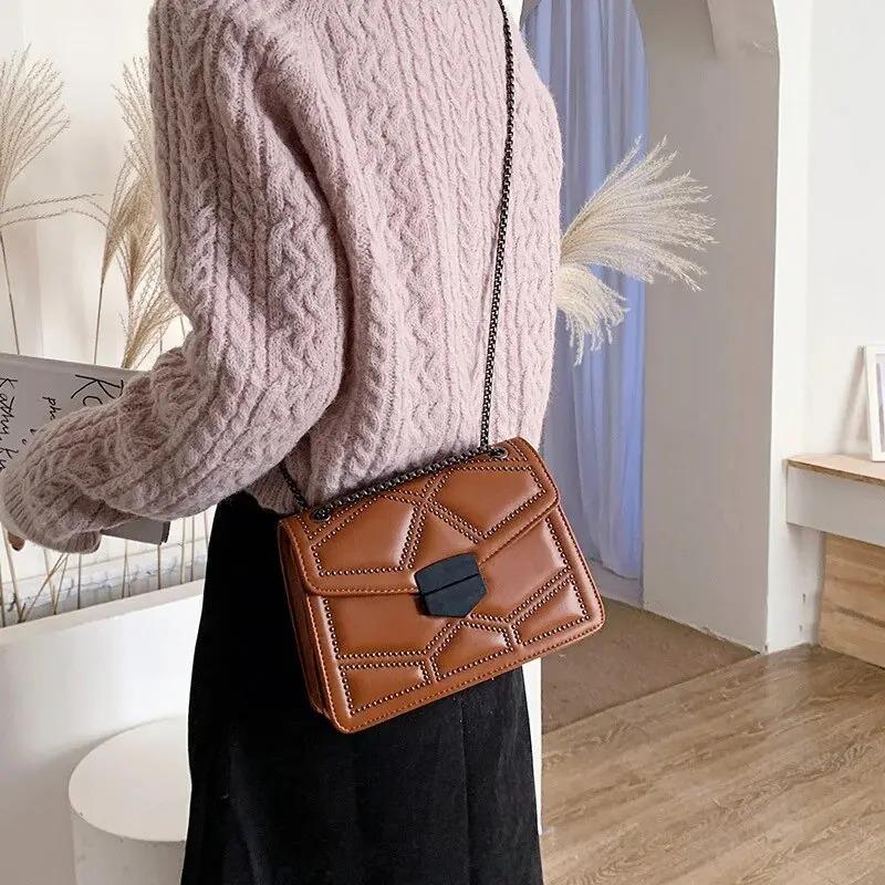 Vintage Rivet Chain Small Shoulder Bags For Women Flap PU Leather Fashion Small Square Crossbody Bag Designer Handbag