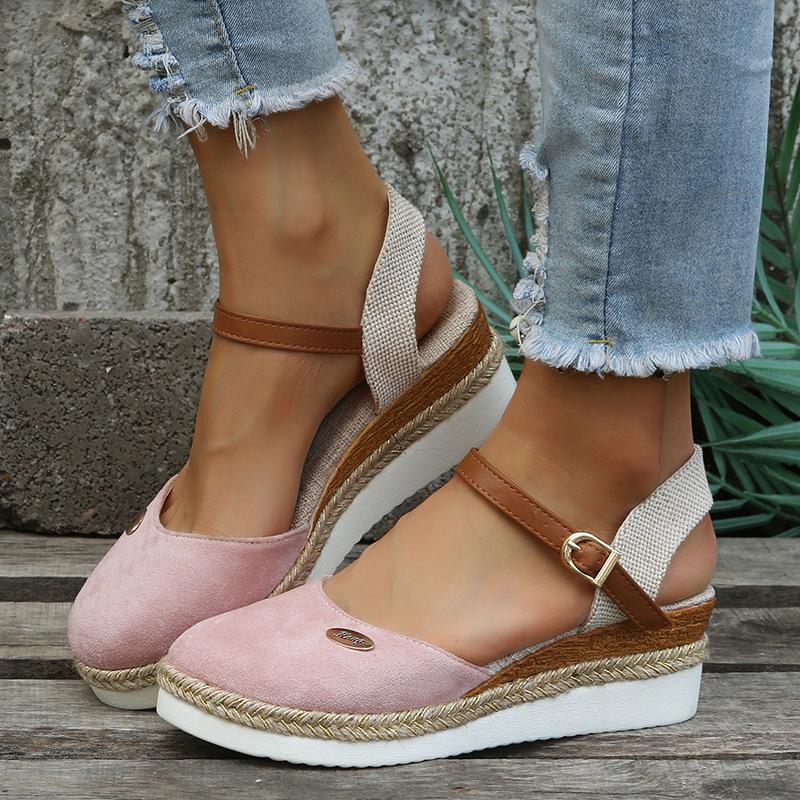 2025 summer new foreign trade large size bag head rear empty slope heel sandals women's hemp rope bottom buckle thick sole women's sandals